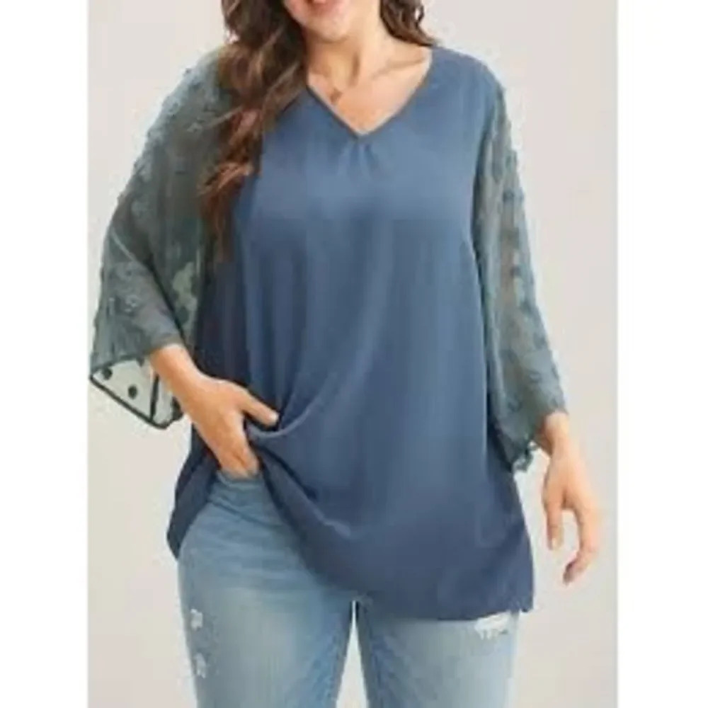 SHEIN‎ Floral Pattern Sleeves Solid Color Body Bell Sleeve Blouse Size 1XL